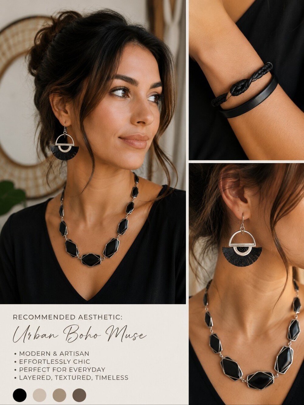 The Sak NWT Black Fan Tassel Earrings + Wired Glass Necklace & Leather Bracelets